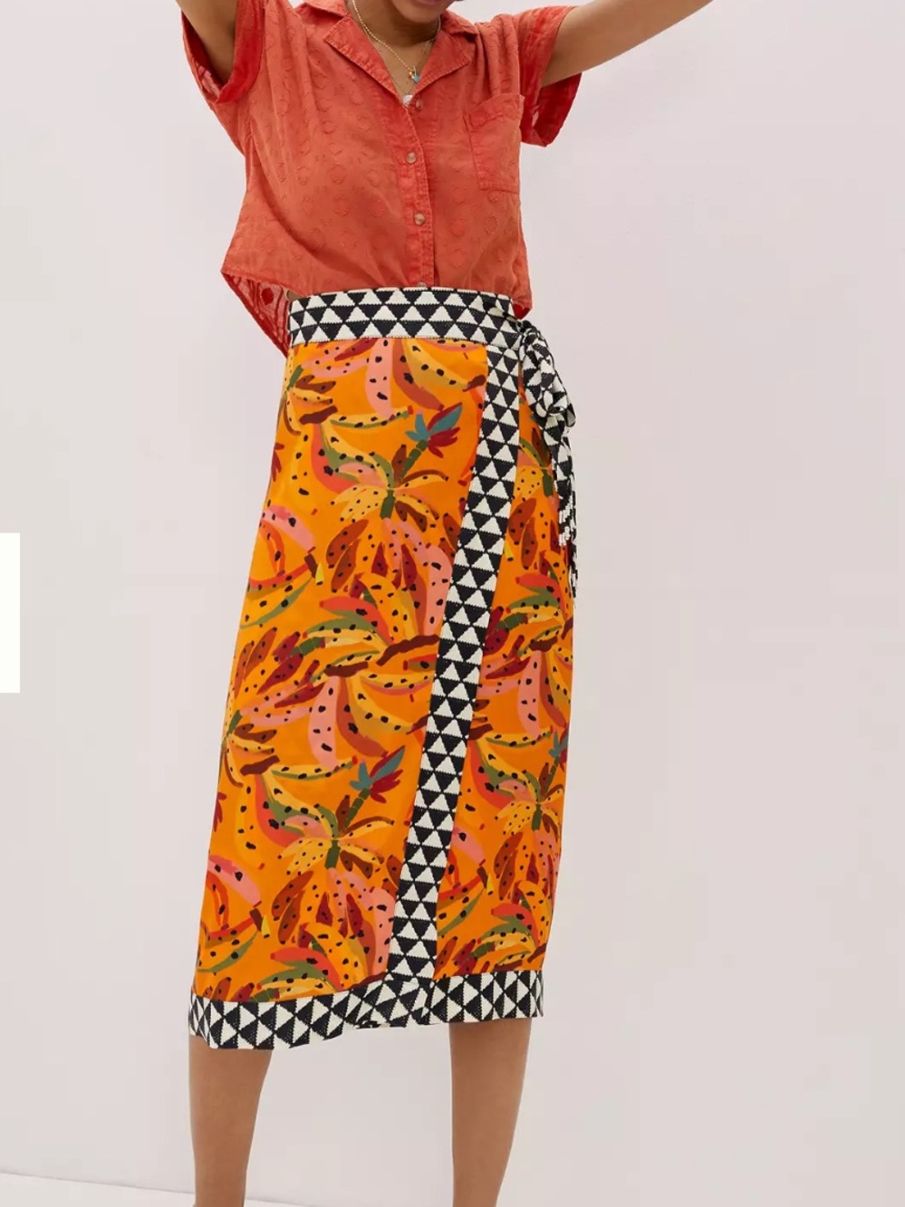Anthropologie Orange Floral-Print Wrap Midi Skirt with Geometric Trim